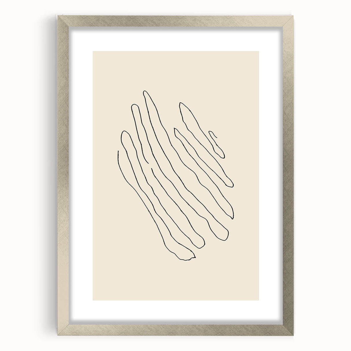 Minimalist abstract wall art in a silver frame with a mat, showcasing geometric shapes and soft color tones, perfect for modern home decor.