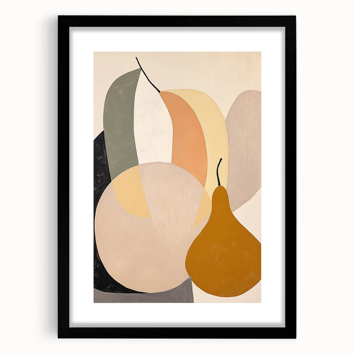 Abstract minimalist wall art design featuring a black frame and mat, showcasing geometric patterns in soft beige and gray tones, perfect for modern decor.