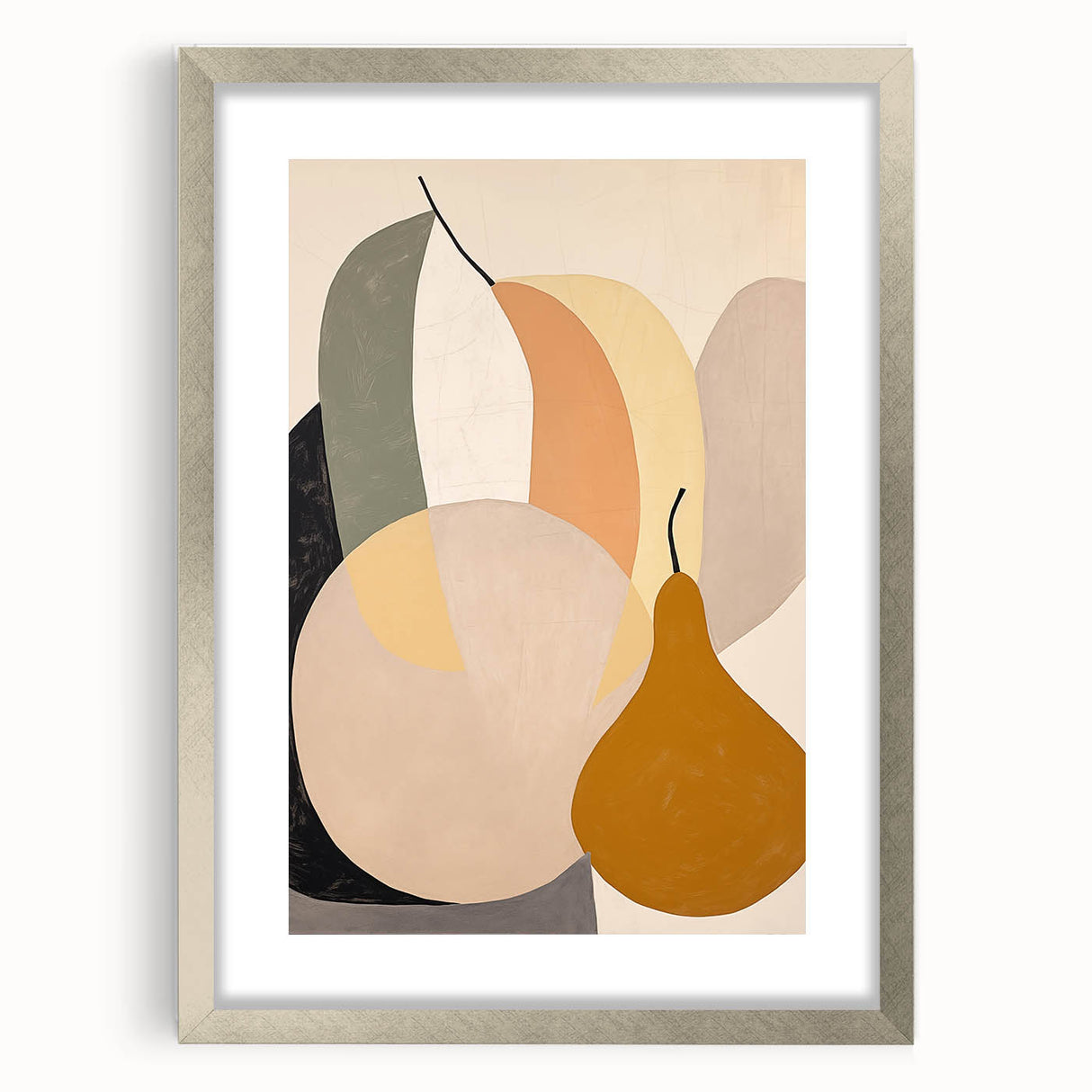 Abstract minimalist wall art framed in silver with a white mat, showcasing geometric shapes in muted tones, perfect for modern home decor.