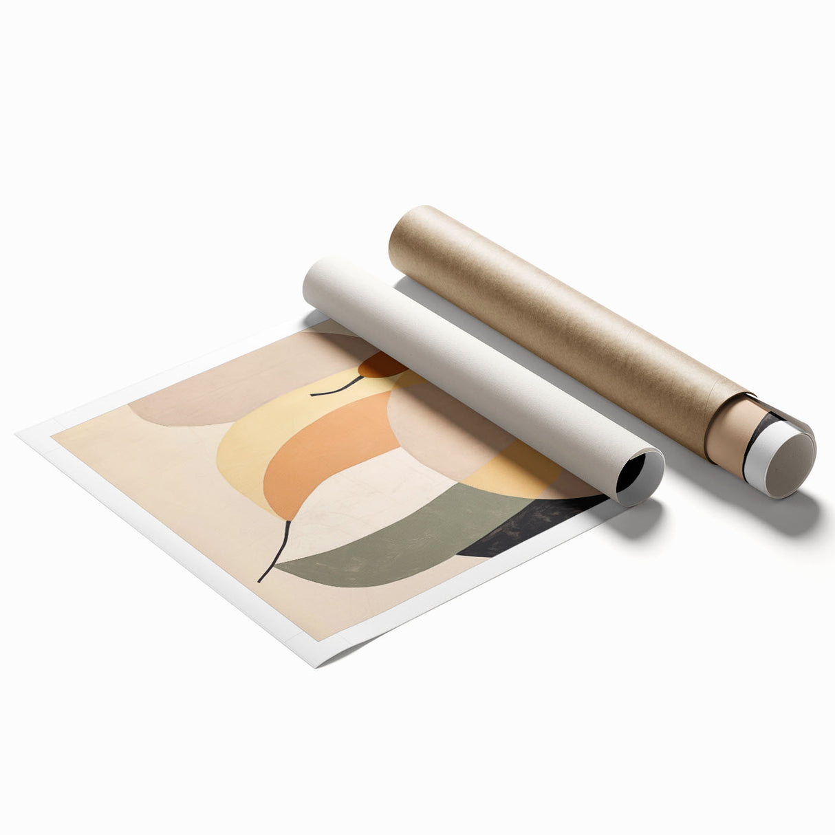Abstract minimalist wall art print featuring soft pastel colors and geometric shapes, elegantly rolled and ready for framing, perfect for modern home decor.