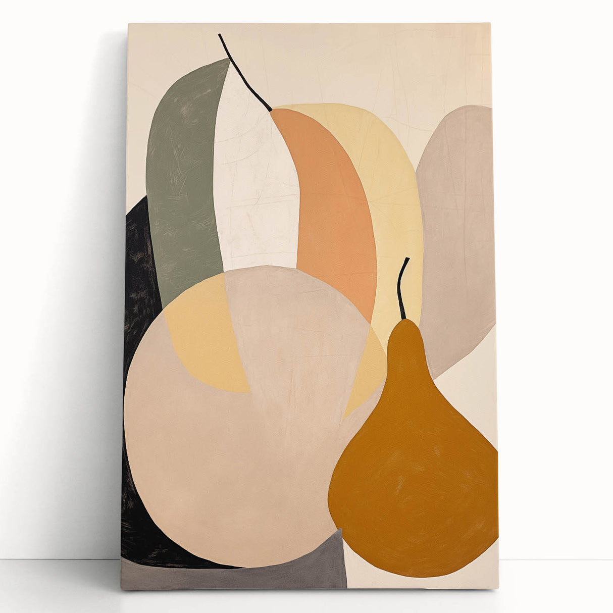 Abstract minimalist wall art collection featuring a stretched canvas design with soft pastel colors and geometric shapes, leaning against a textured wall, perfect for modern home decor.
