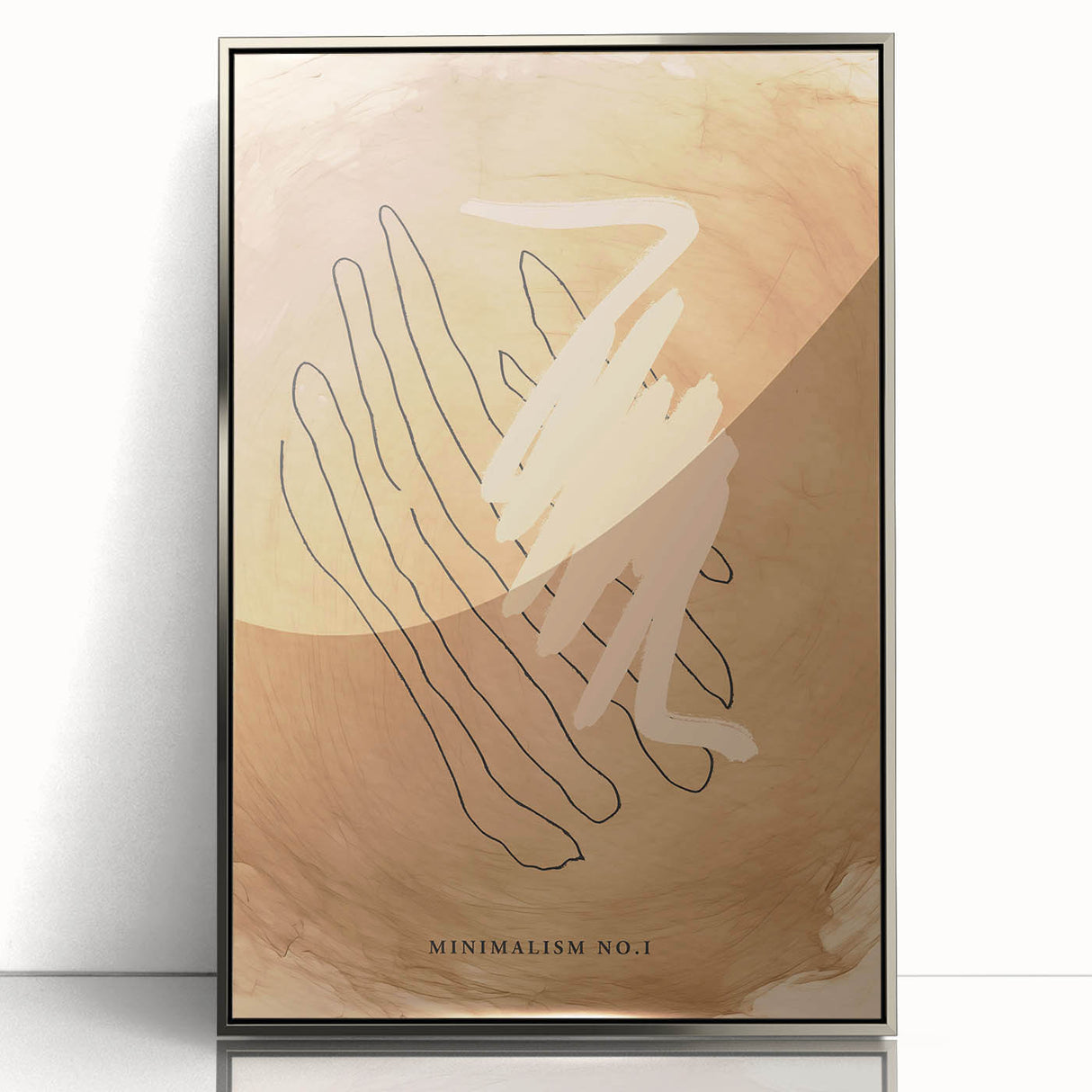 Framed abstract minimalist wall art collection featuring a sleek silver frame, showcasing geometric patterns in soft gray and white tones, ideal for modern home decor.