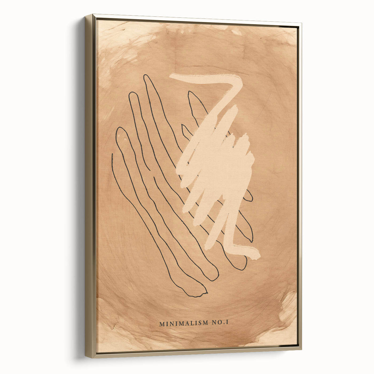 Framed abstract minimalist wall art collection showcasing a gold accent design, displayed from a side view, emphasizing its contemporary style and sleek finish.