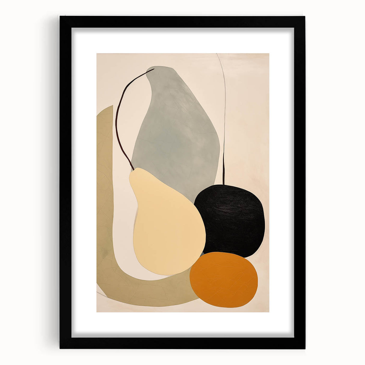 Abstract minimalist wall art design in a black frame with a mat, showcasing geometric patterns and neutral tones, ideal for modern home decor.