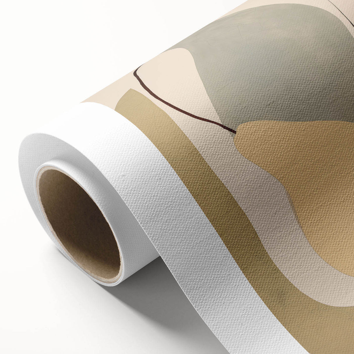 Abstract minimalist wall art design showcasing soft earth tones and geometric shapes, printed on rolled canvas for easy display and shipment in a protective tube.