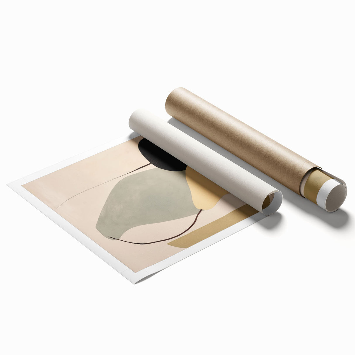 Abstract minimalist wall art print showcasing soft pastel hues and geometric shapes, rolled and ready for display, perfect for modern home decor.