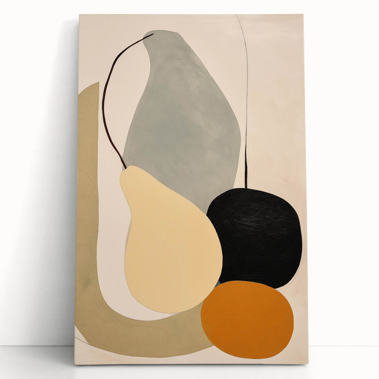 Abstract minimalist wall art featuring a geometric design in soft pastel colors, displayed on a stretched canvas, leaning against a neutral wall for an elegant aesthetic.