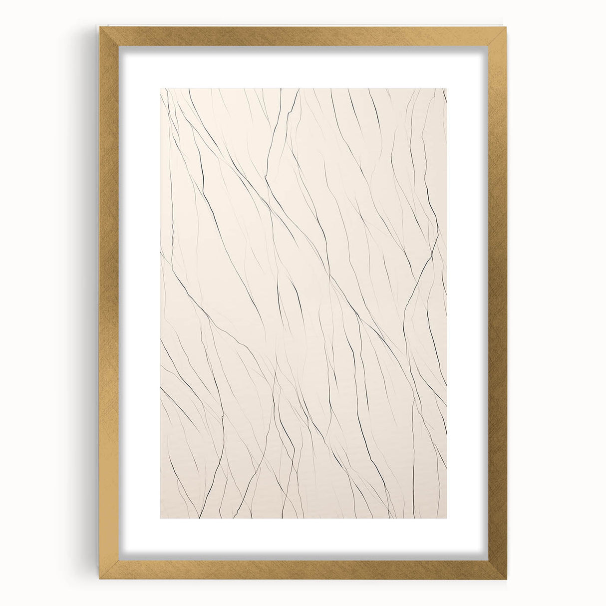 Abstract minimalist wall art collection in a sleek gold frame with a mat, showcasing geometric shapes and soft colors, perfect for modern home decor.