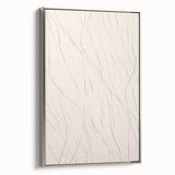 Framed minimalist wall art piece showcasing an abstract design with silver accents, positioned at a side angle to highlight its sleek profile and texture. Ideal for modern decor.