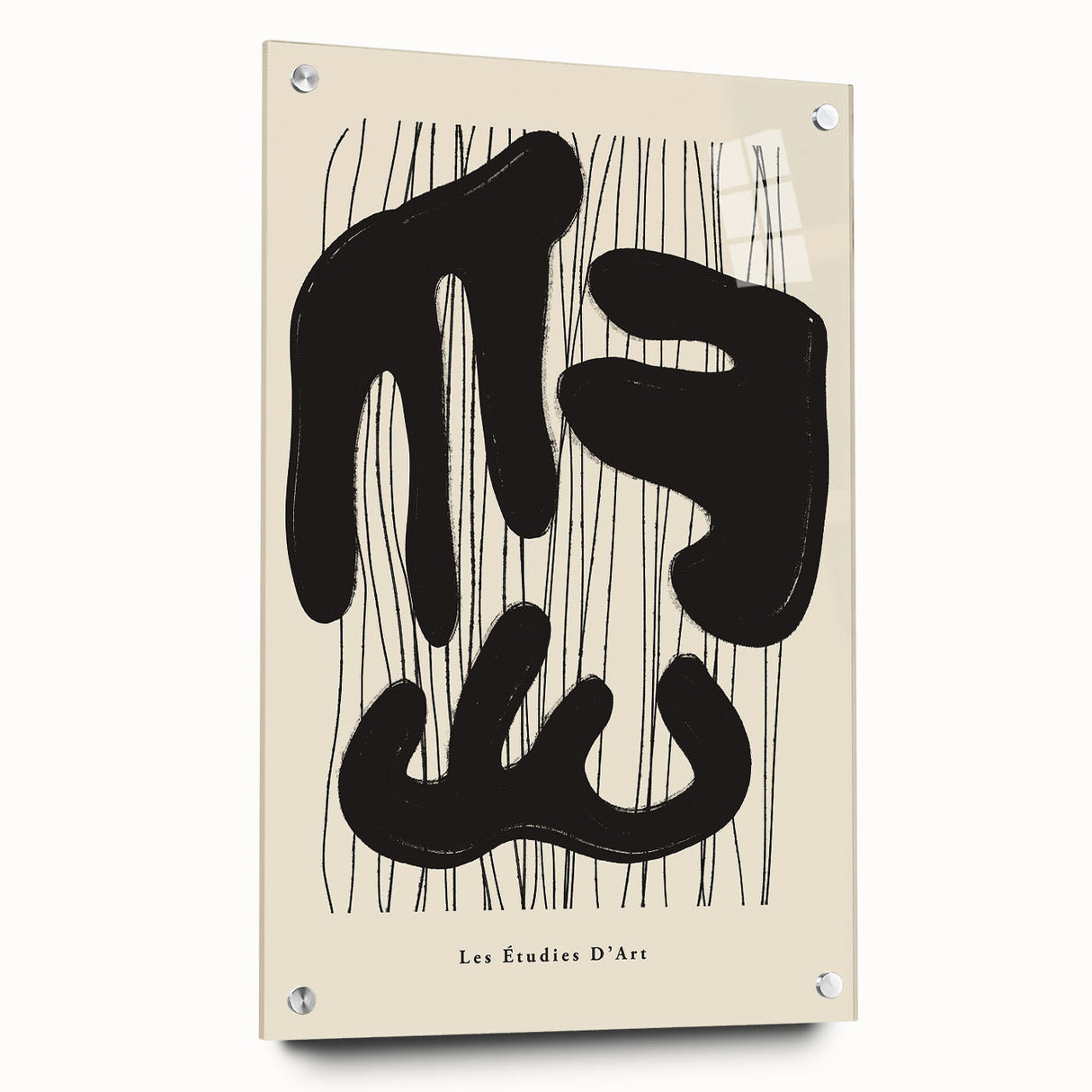 Abstract minimalist wall art collection displayed in a side view, featuring an acrylic glass frame and pin attachments, showcasing a modern and sleek design suitable for contemporary decor.
