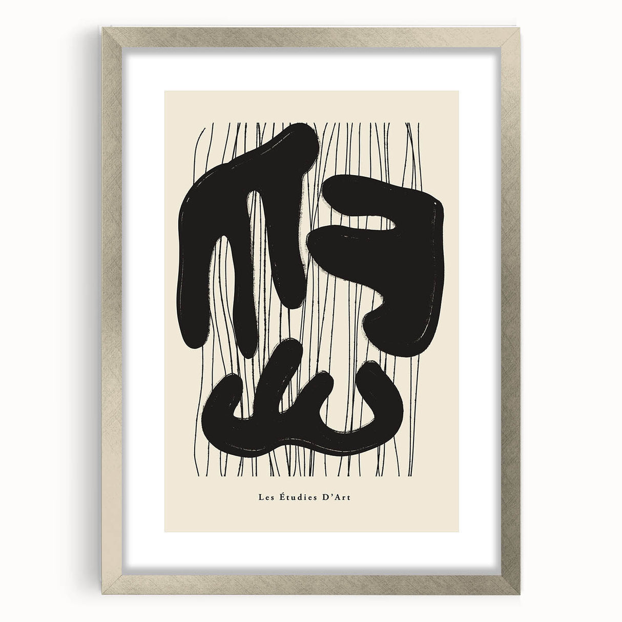 Abstract minimalist wall art design framed in silver with a mat, showcasing a contemporary aesthetic perfect for modern home decor. Ideal for living spaces or offices, this artwork adds a chic touch to any room.