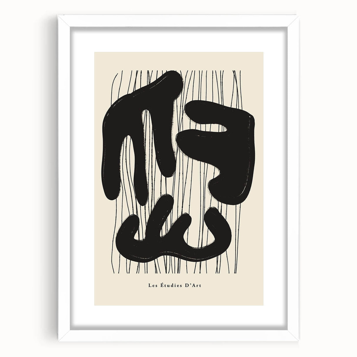 Abstract minimalist wall art collection framed in white with a mat, showcasing geometric patterns and soft color tones, ideal for modern home decor.