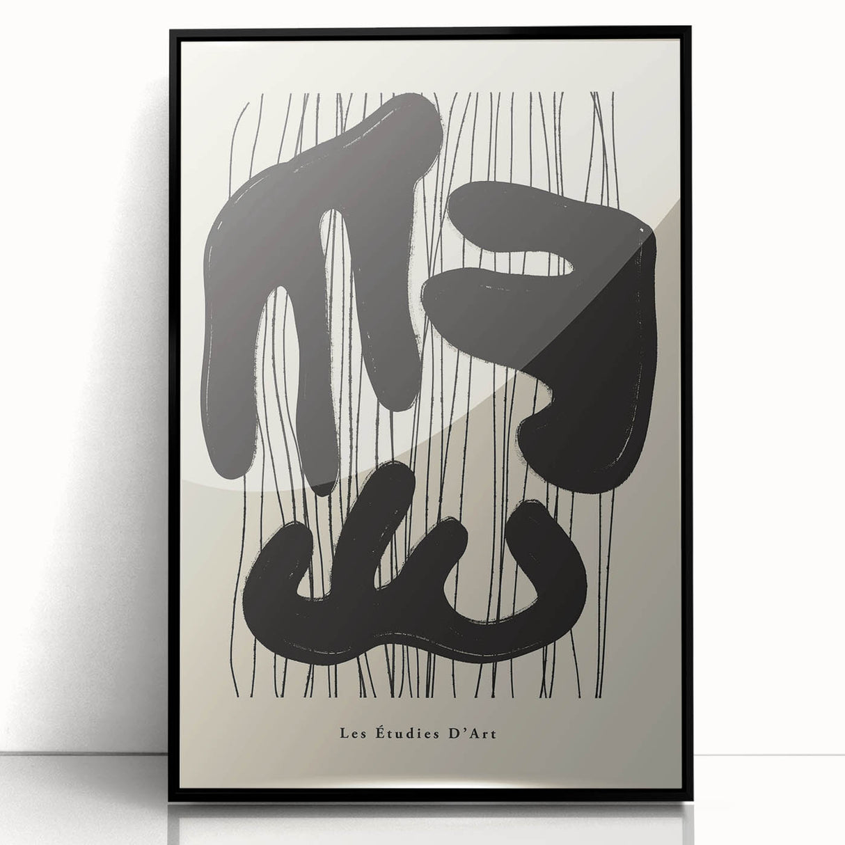Framed abstract minimalist wall art featuring a sleek black design, showcasing geometric shapes and clean lines, perfect for modern home decor.