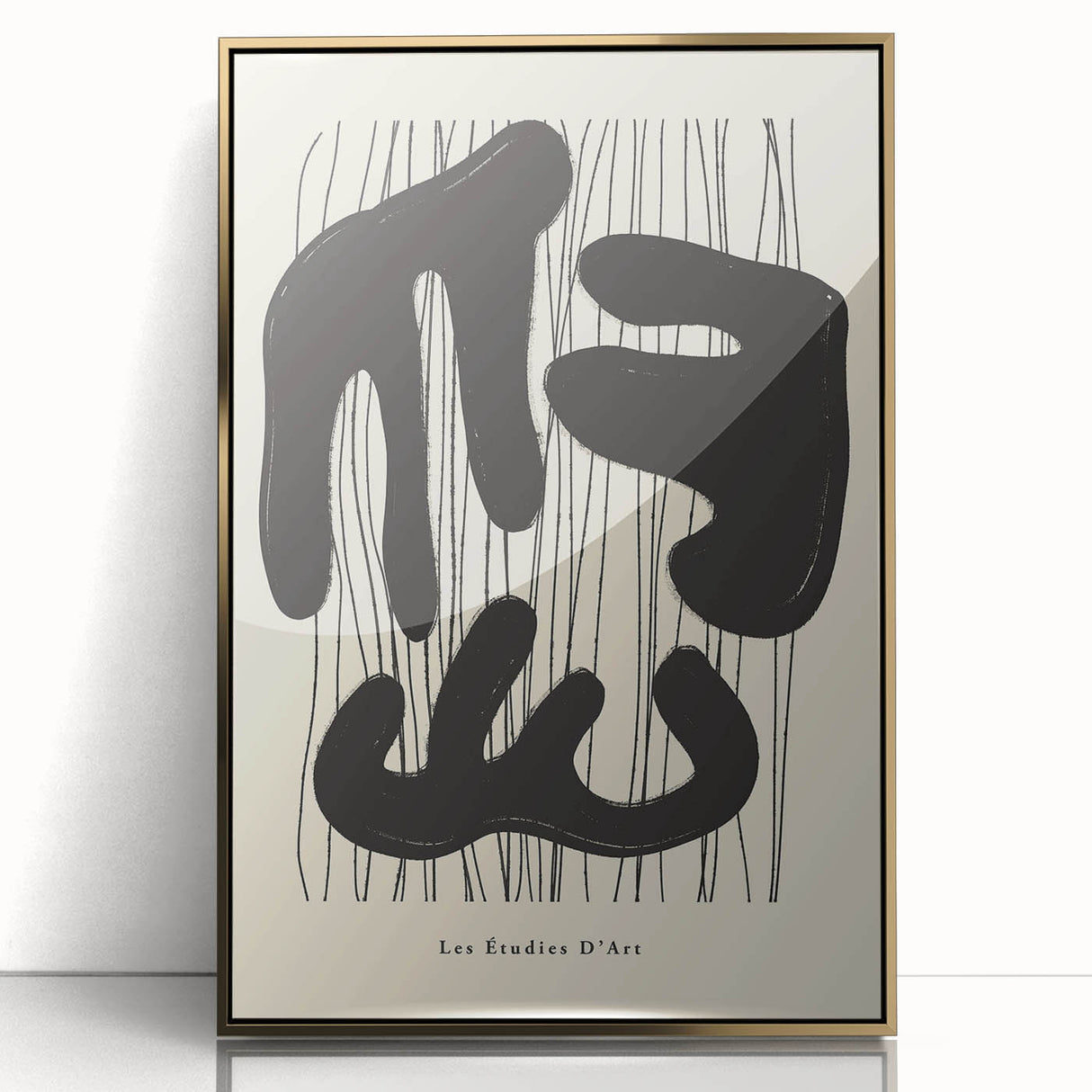 Framed abstract minimalist wall art featuring a gold-accented design, perfect for modern interiors. The piece showcases a sleek, contemporary aesthetic ideal for enhancing home decor.