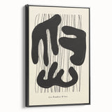Framed canvas wall art showcasing an abstract minimalist design with a black color palette, viewed from the side, ideal for modern home decor or office spaces.