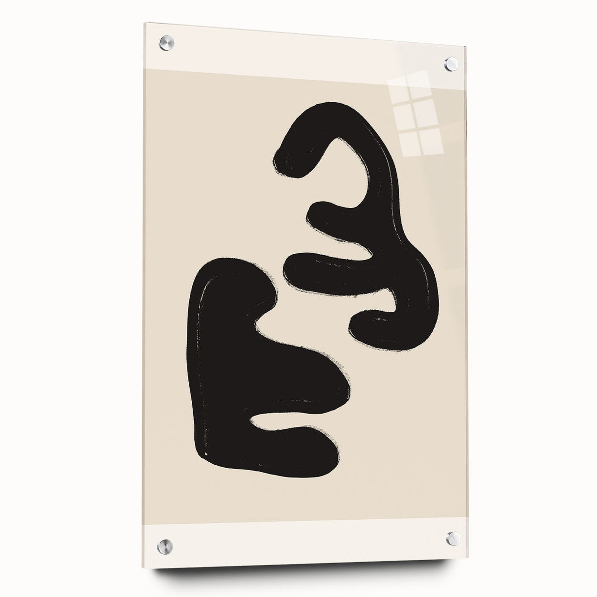 Minimalist abstract wall art collection displayed with acrylic glass and pin mounts, showcasing soft colors and geometric shapes for modern decor.