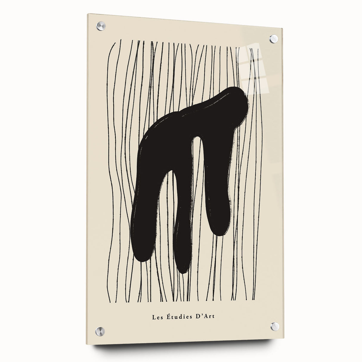 Abstract minimalist wall art collection displayed in an acrylic glass frame, showcasing a vibrant geometric design with a side view, highlighting color contrast and sleek pins for mounting.