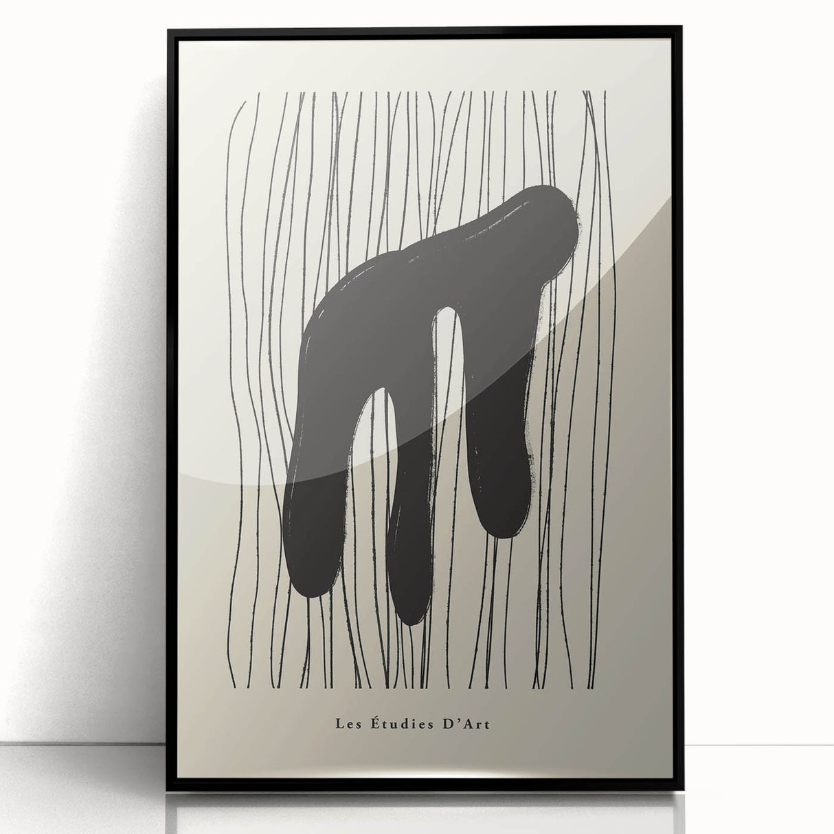 Framed abstract minimalist wall art in black acrylic, showcasing geometric patterns and a sleek design, perfect for modern home decor and aesthetic enhancement.