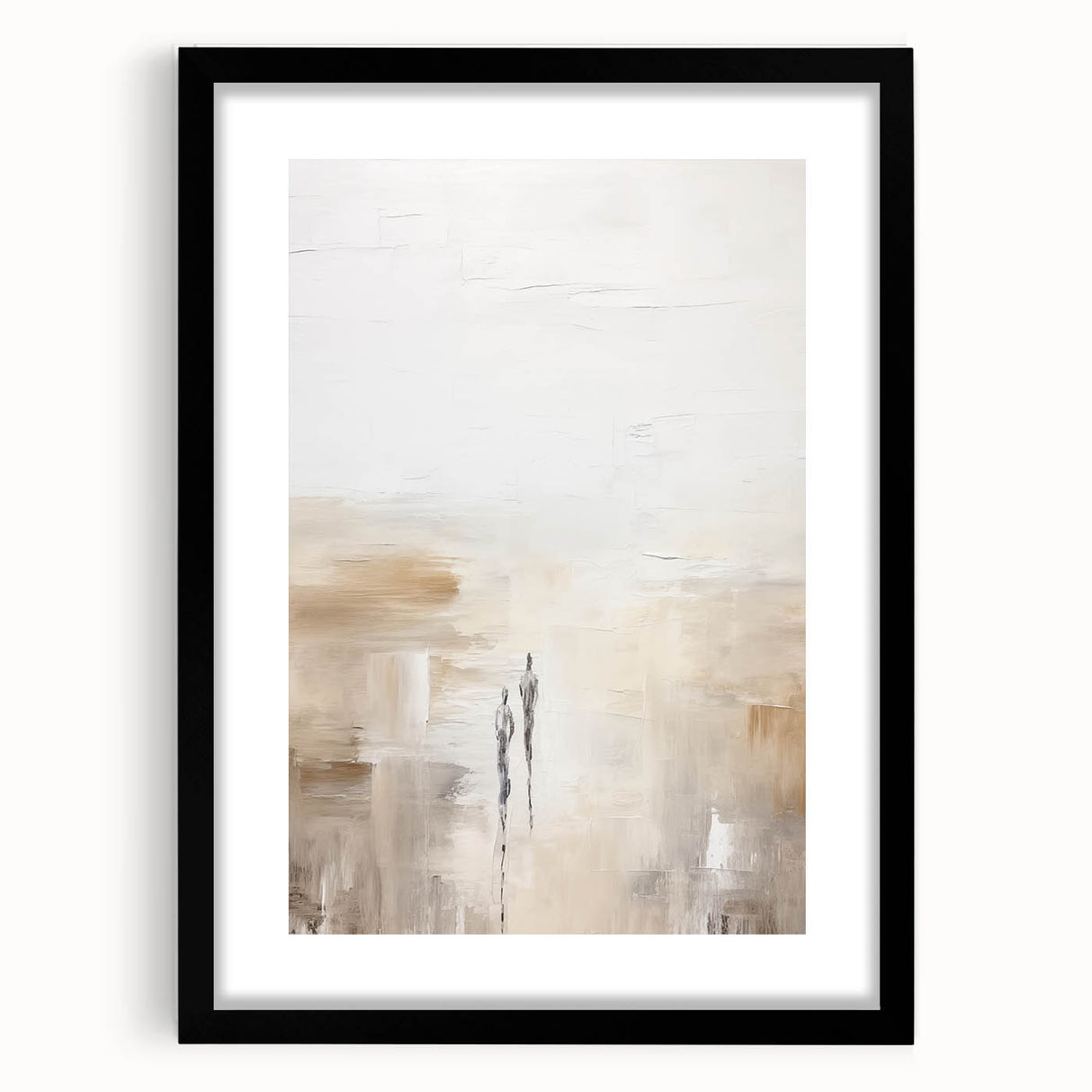 Abstract minimalist wall art collection featuring a black-framed design with a mat, showcasing geometric patterns and soft color tones, ideal for modern decor.