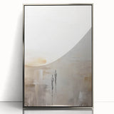 Framed abstract minimalist wall art design in silver acrylic, showcasing geometric shapes and neutral tones, perfect for modern home decor.