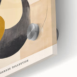 Close-up of an abstract minimalist wall art piece featuring fluid shapes and a harmonious blend of soft colors, displayed in an elegant acrylic glass frame for a modern aesthetic. This artwork enhances contemporary decor with its sophisticated design.