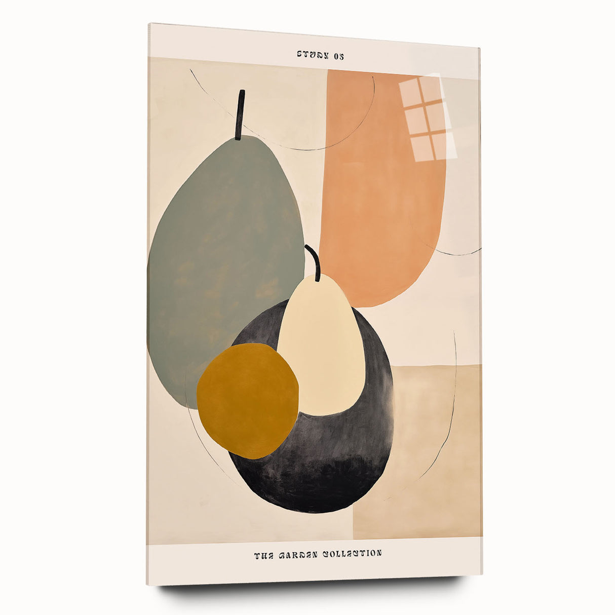 Abstract minimalist wall art collection displayed in acrylic glass, showcasing a sleek side view with no visible pins, perfect for modern decor.