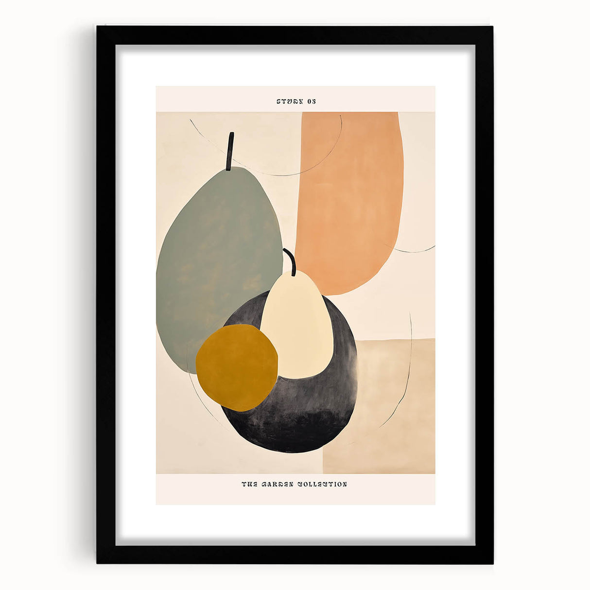 Abstract minimalist wall art collection framed with a mat, showcasing a sleek black design that enhances modern decor. Ideal for contemporary living spaces and art enthusiasts.