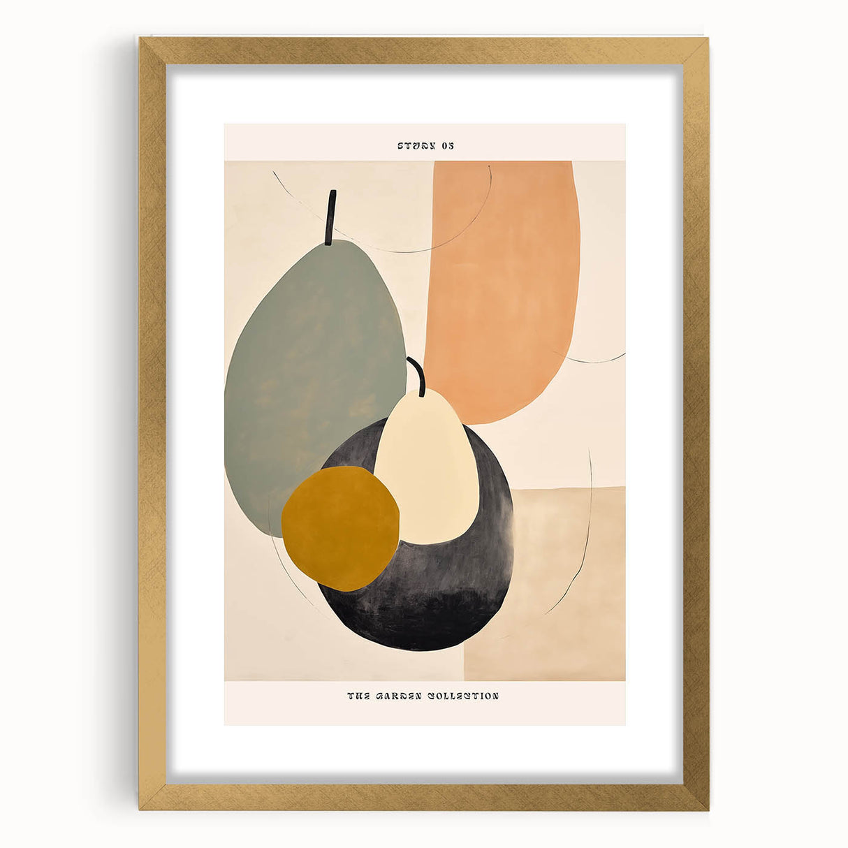 Minimalist abstract wall art collection featuring a gold frame and matting, showcasing elegant geometric shapes and soft color palette, ideal for modern decor.