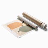 Abstract minimalist wall art print showcasing soft pastel colors and geometric shapes, rolled for easy shipping in a protective cardboard tube. Perfect for modern decor.