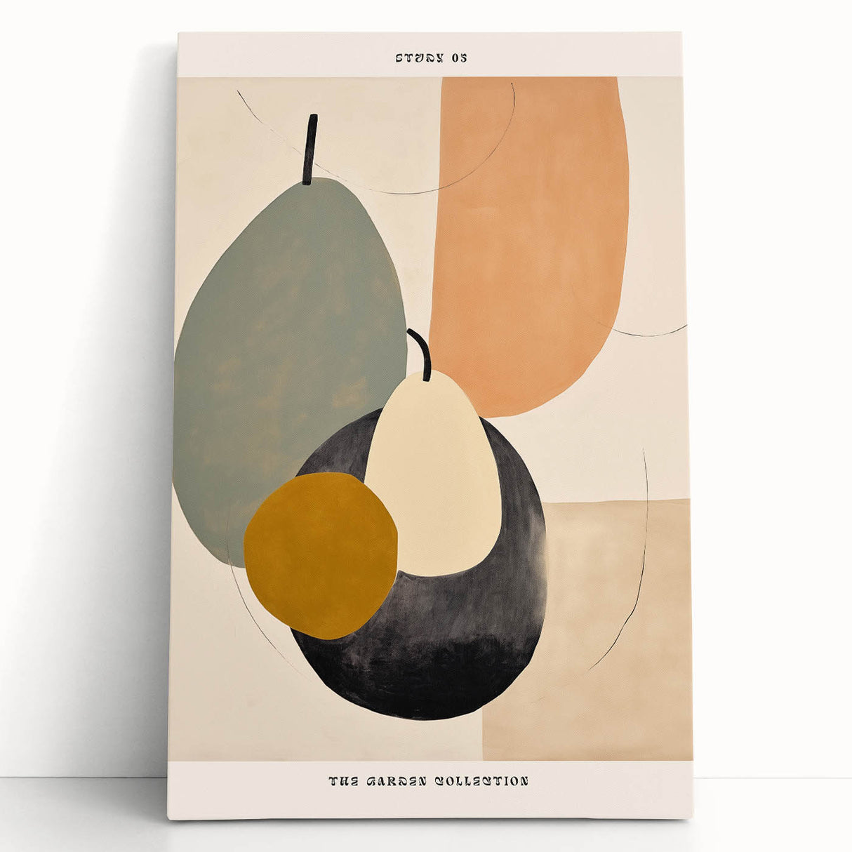 Abstract minimalist wall art featuring soft pastel colors and geometric shapes, displayed on stretched canvas, leaning against a neutral wall, ideal for modern decor.