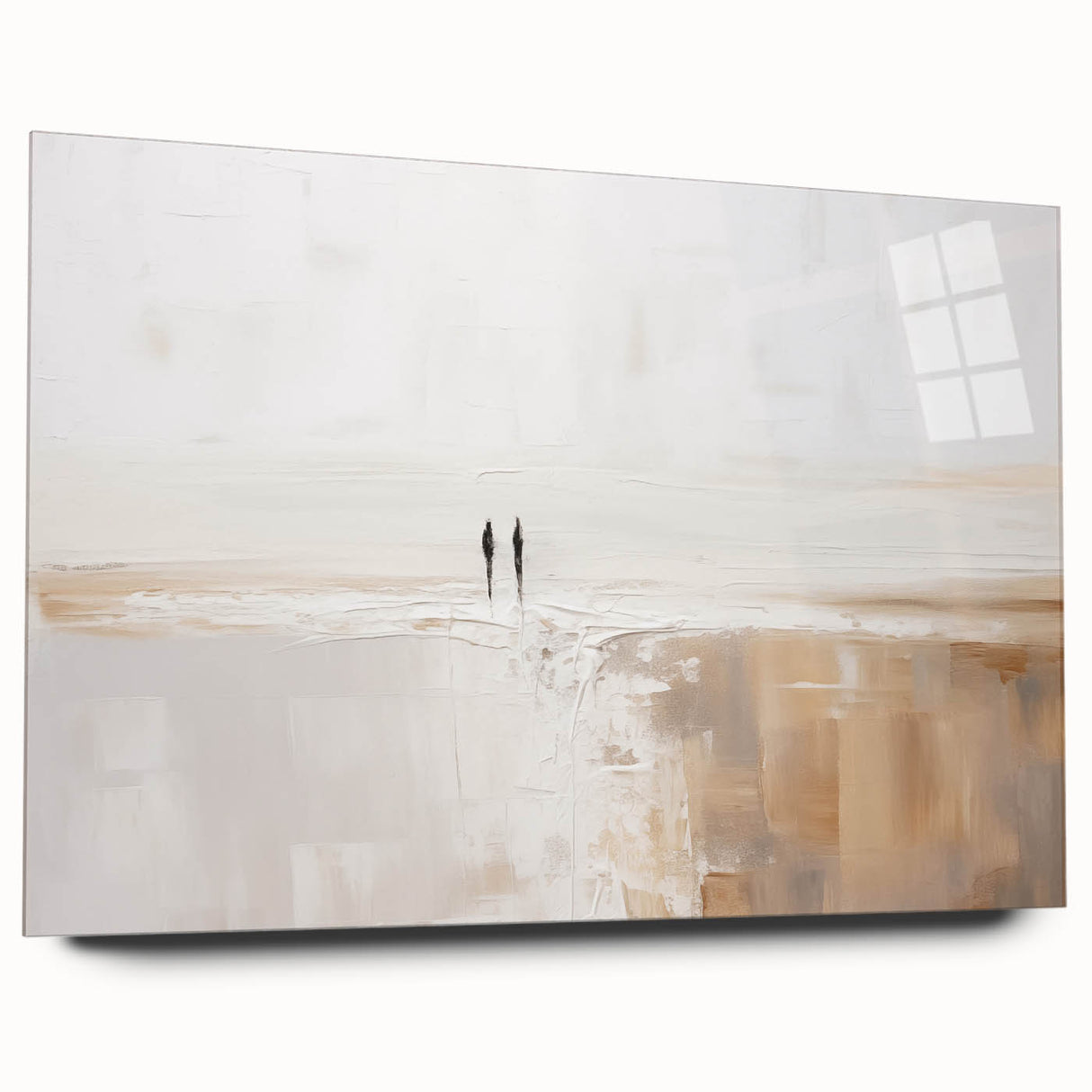 Abstract minimalist wall art piece displayed in a sleek acrylic frame, showcasing soft pastel colors and geometric shapes, ideal for modern home decor.