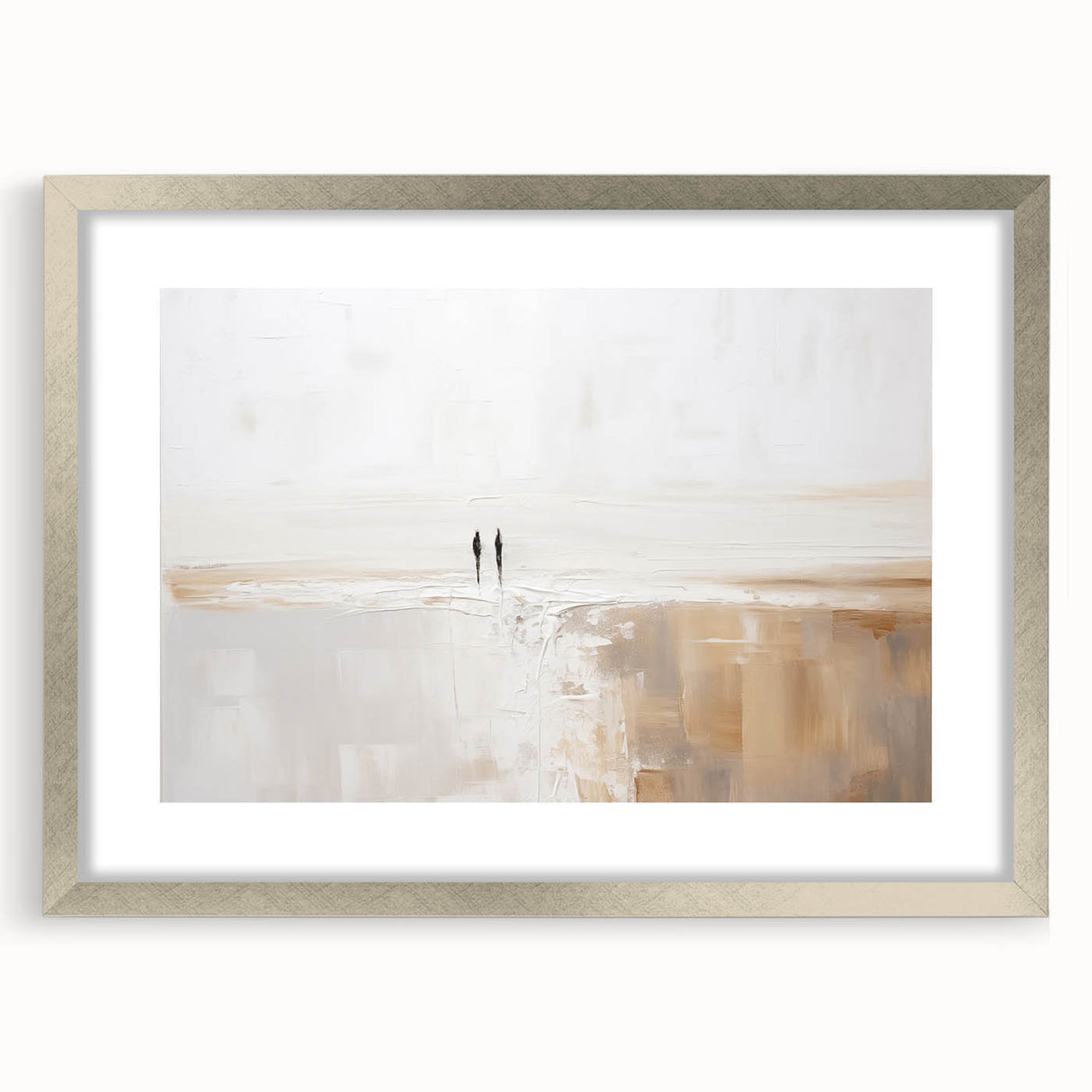 Abstract minimalist wall art design featuring a sleek silver frame and mat, showcasing geometric patterns in soothing pastel colors, perfect for modern decor.