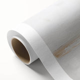 Abstract minimalist wall art design in soothing blue and gold hues, showcasing geometric shapes and flowing lines on a rolled canvas, perfect for modern home decor.