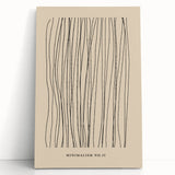 Abstract minimalist wall art design featuring muted tones of blue, beige, and gray on a stretched canvas, leaning against a white wall, perfect for modern decor.