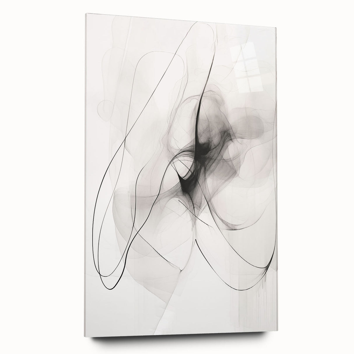 Abstract minimalist wall art collection displayed in a sleek acrylic frame, showcasing geometric shapes in soft pastel colors, ideal for modern decor.
