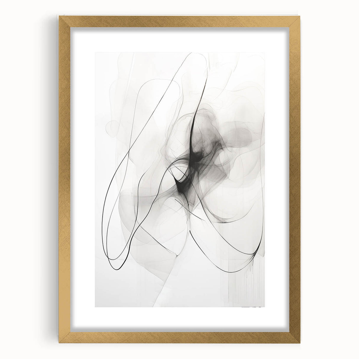 Abstract minimalist wall art collection framed in gold, showcasing a sleek design with a mat, ideal for modern home decor or office aesthetics, enhancing any space.