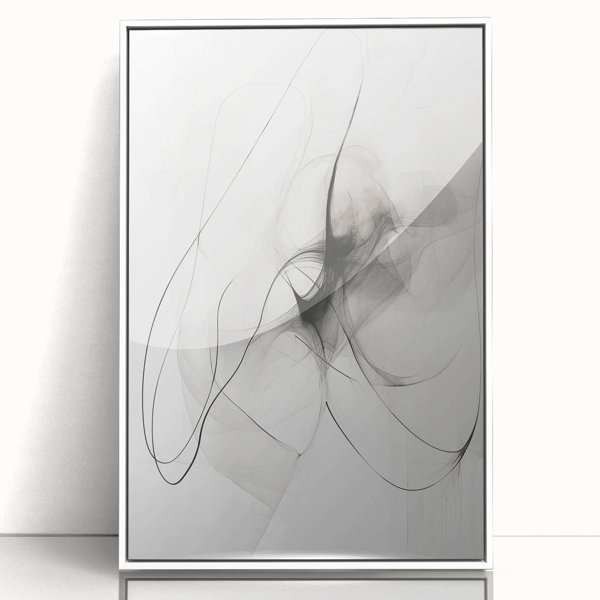 Framed abstract minimalist wall art featuring a sleek white border, showcasing a contemporary design with soft colors and geometric shapes, perfect for modern decor.