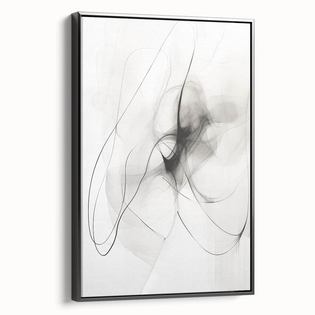 Abstract minimalist wall art collection featuring a framed black canvas with geometric designs, showcasing a sleek side view ideal for modern decor.