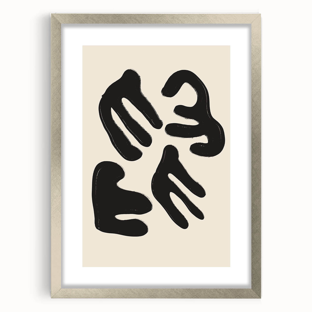 Framed minimalist wall art in a sleek silver frame, showcasing an abstract design with soft neutral tones and a modern aesthetic. Perfect for contemporary decor.