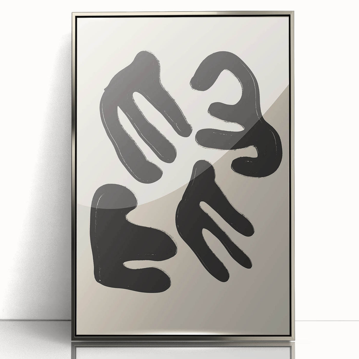 Framed abstract minimalist wall art collection showcasing a silver-acrylic design with sleek lines, perfect for modern home decor.