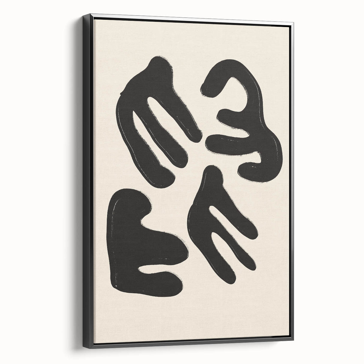 Framed minimalist black wall art canvas showcasing an abstract design, viewed from the side, perfect for modern home decor.