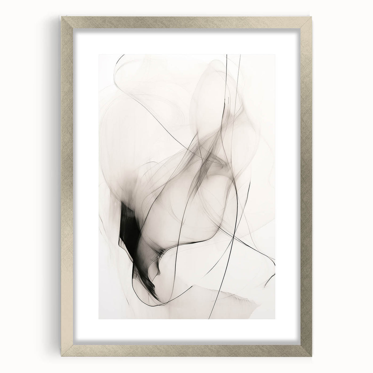 Abstract minimalist wall art collection featuring a sleek silver frame and mat, showcasing geometric patterns. Perfect for modern home decor, enhancing interior aesthetics.
