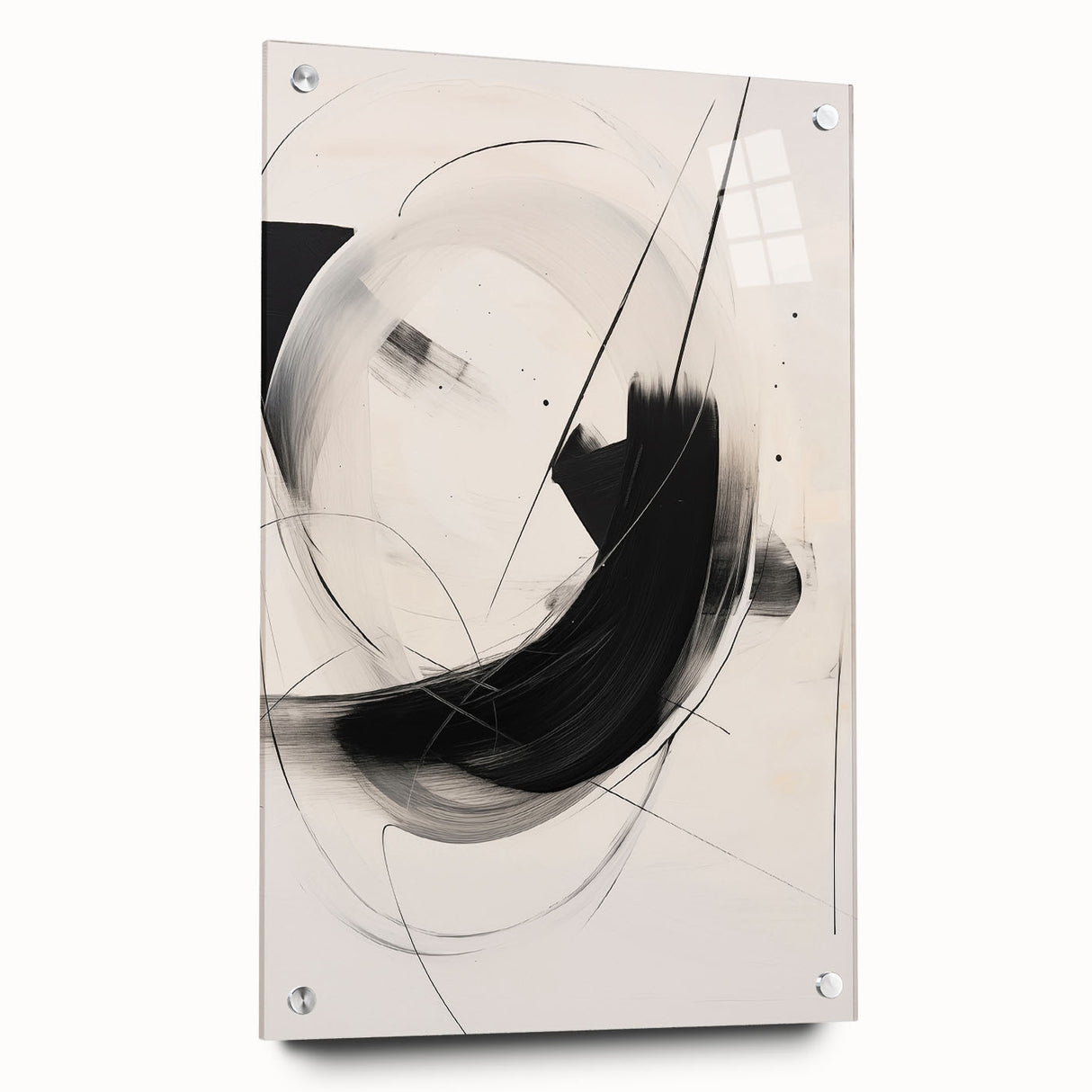 Abstract minimalist wall art collection displayed in a side view, showcasing vibrant colors and geometric shapes, mounted with decorative pins on a sleek wall.