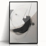 Framed abstract minimalist wall art design in black and white, showcasing geometric shapes and lines, perfect for modern home decor.
