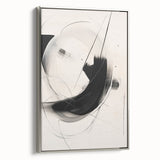 Framed abstract minimalist wall art in a silver frame, showcasing a contemporary design with neutral tones, ideal for modern home decor. Side view highlights elegant aesthetics.