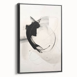 Framed abstract minimalist wall art featuring a sleek black design with a contemporary aesthetic, showcased from a side view, ideal for modern home decor.
