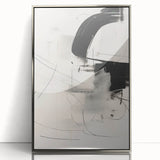 Framed abstract minimalist wall art design featuring a sleek silver frame, showcasing geometric shapes in muted tones, perfect for modern home decor.