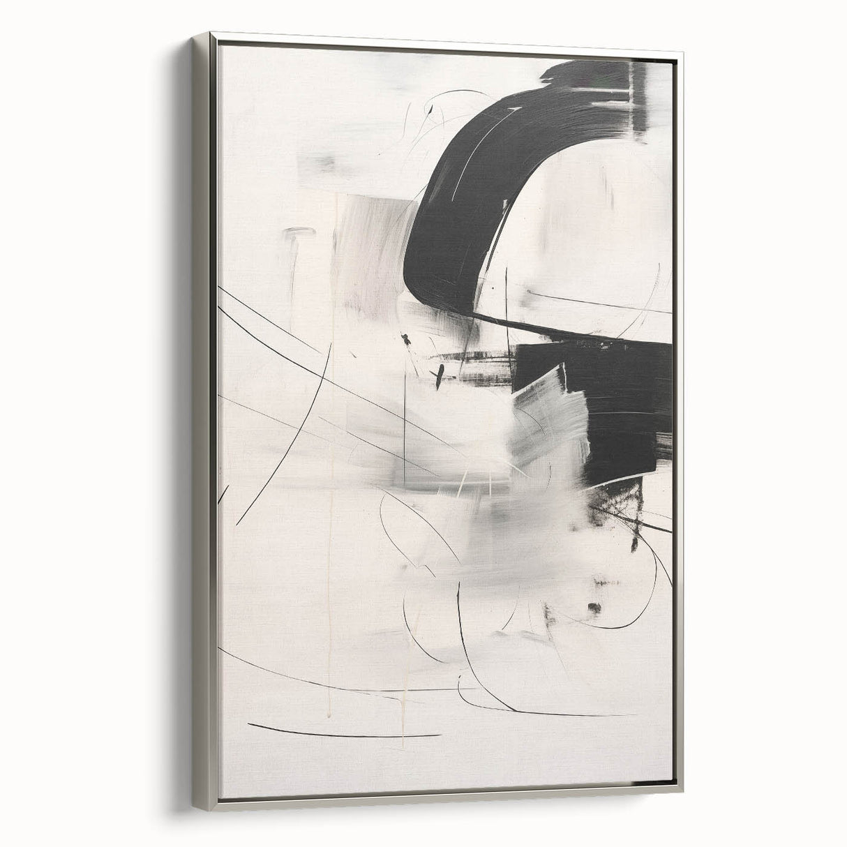 Framed abstract minimalist wall art design in a sleek silver finish, showcasing geometric patterns and soft colors, perfect for modern home decor.