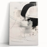 Abstract minimalist design wall art collection featuring geometric shapes in muted earth tones, elegantly displayed on a wooden surface with natural lighting.