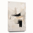 Abstract minimalist wall art design displayed in a side view, featuring a sleek acrylic glass frame and decorative pins. The artwork showcases a harmonious blend of colors and shapes, perfect for modern interior decor.